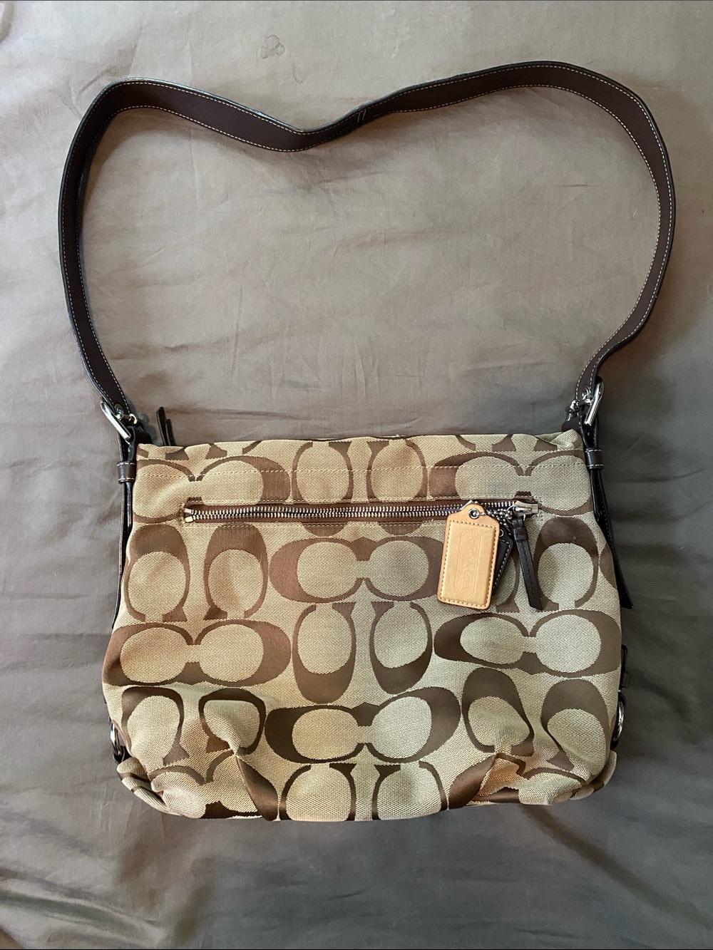 Coach Khaki and Brown Signature Shoulder Bag